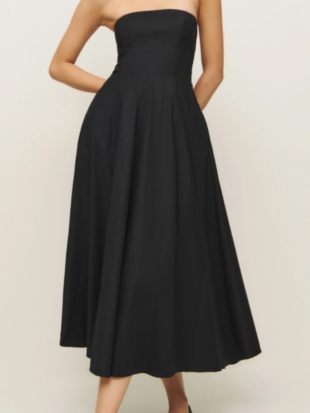 Reformation Strapless Black Midi Dress with Full Skirt